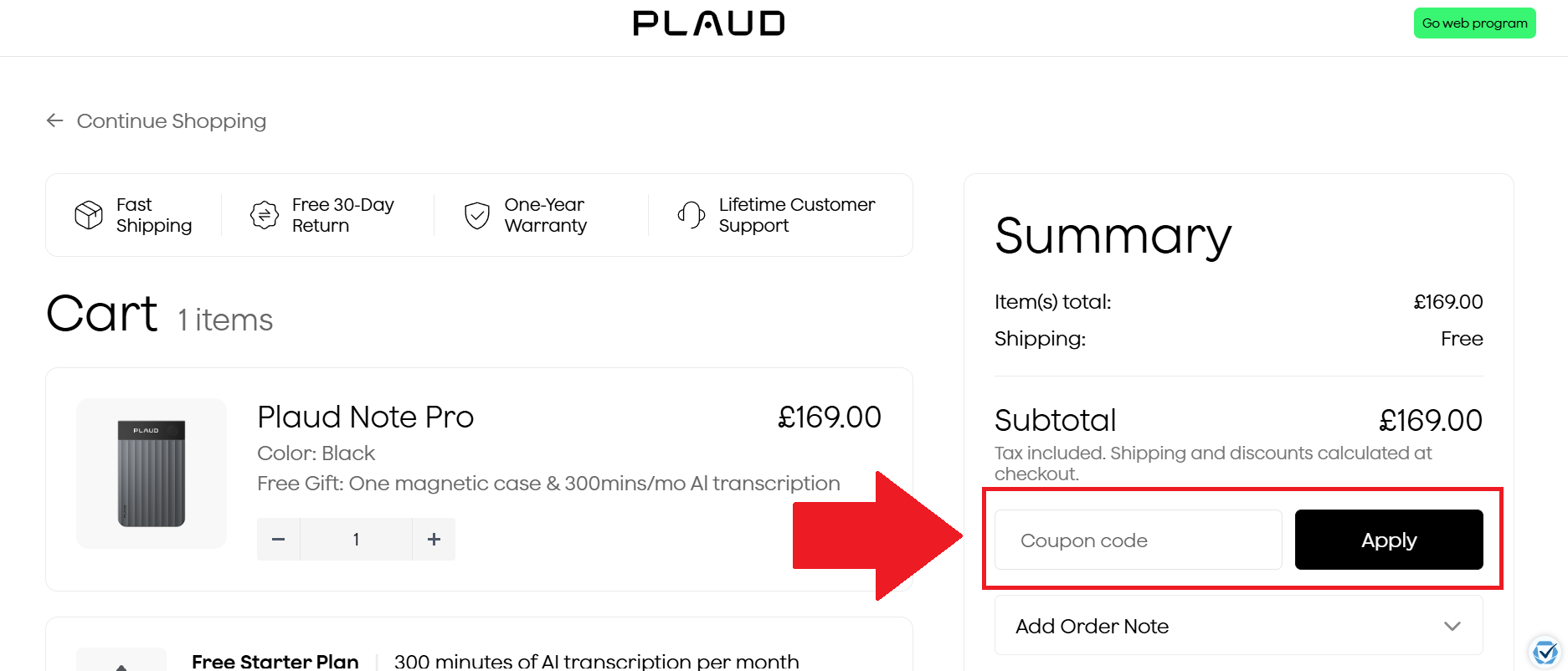 A screenshot showing the plaud checkout page and where to enter a plaud discount code