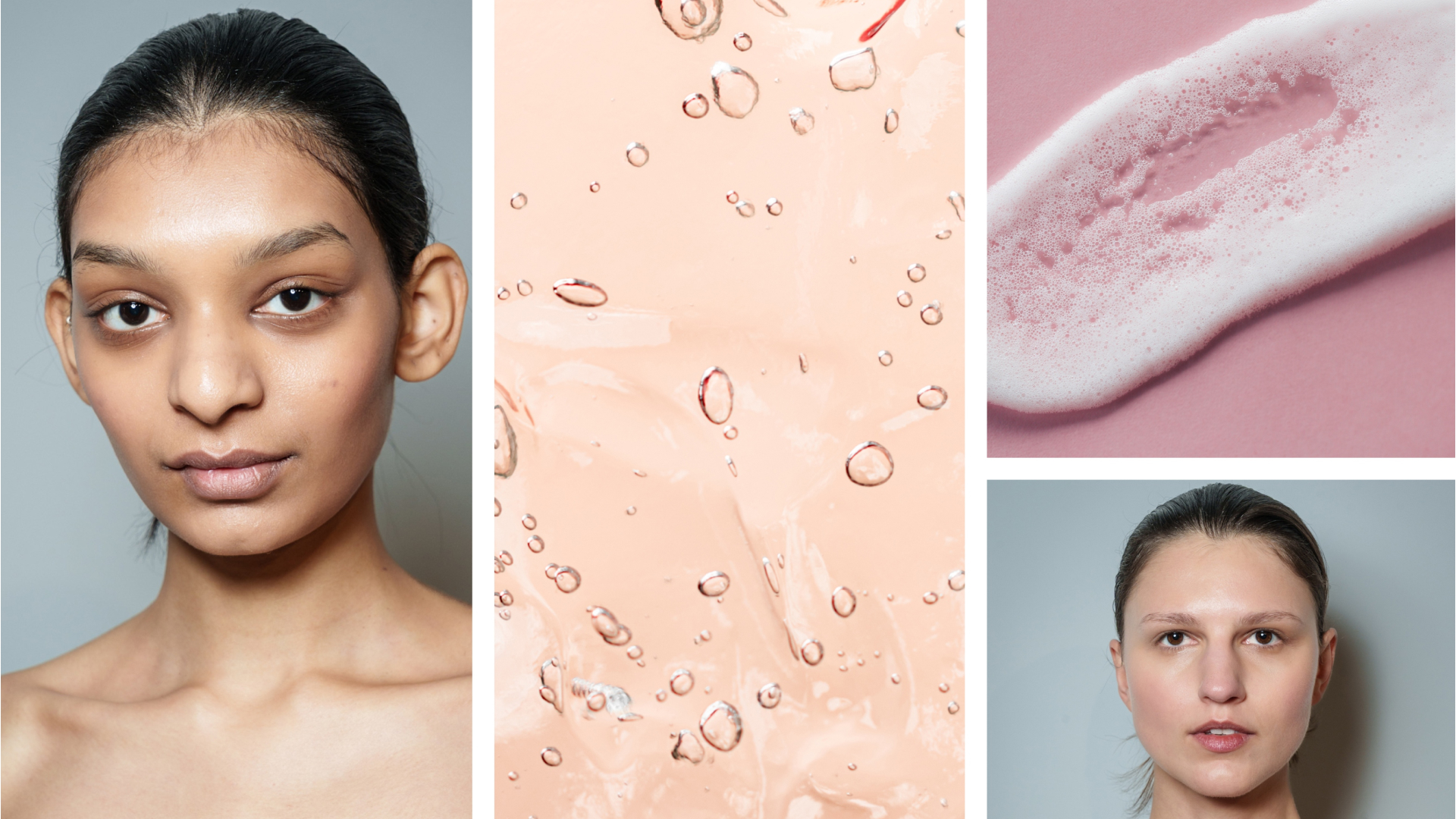 Two models with fresh faces and two swatches of face wash formulas