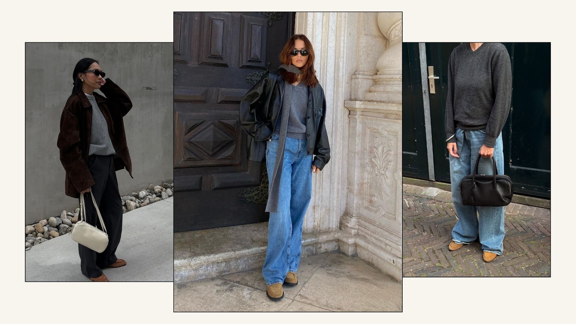 Influencers @dawn.tan, @deborabrosa, @lindatol_ wear slouchy jeans with loafers.