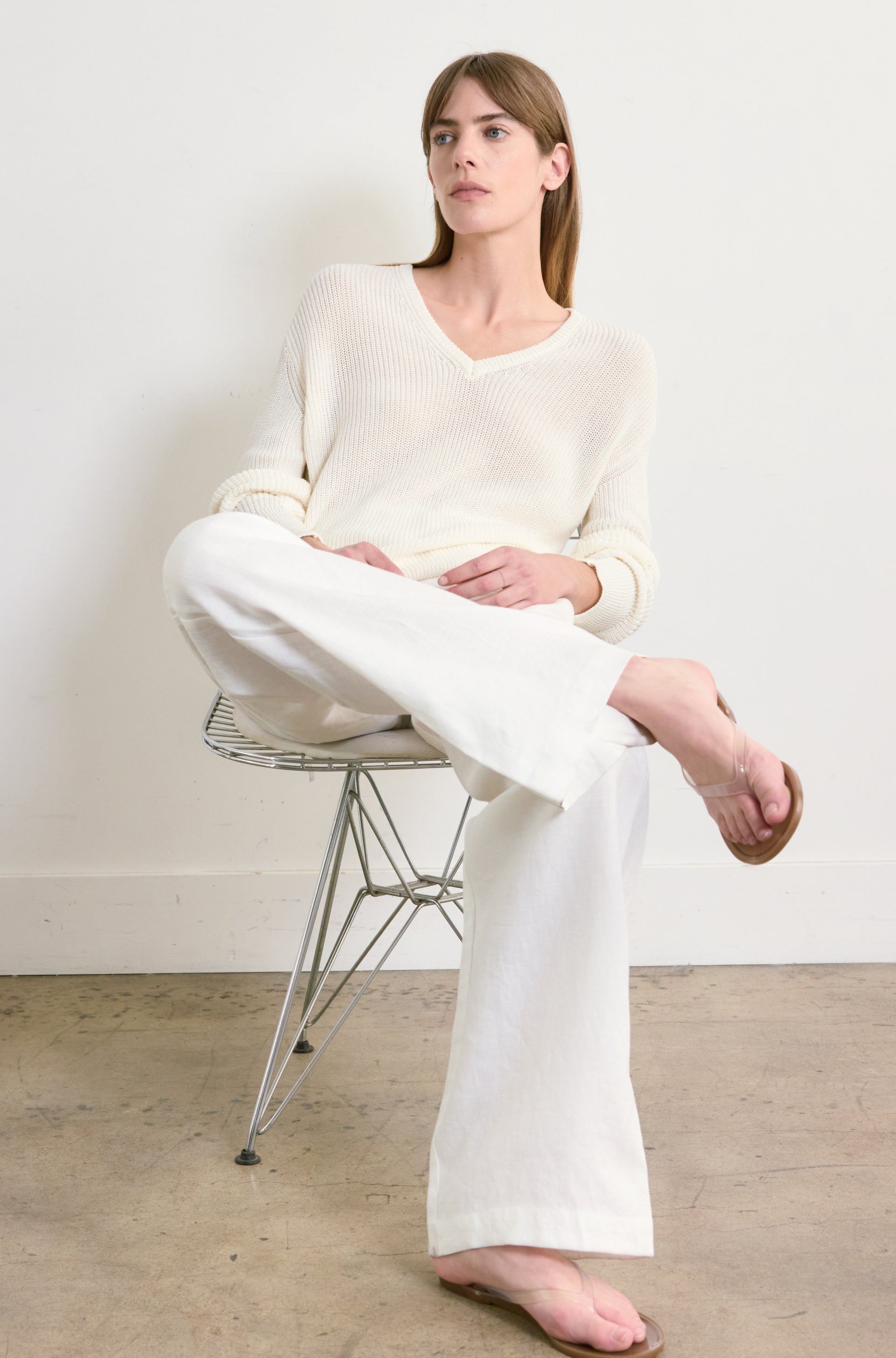 Cotton Mesh V Neck Sweater - S / White