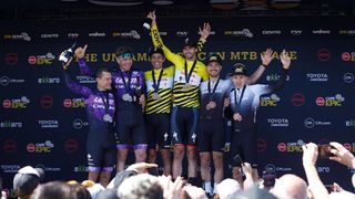 The mens podium of the 2023 Cape Epic mountain bike race