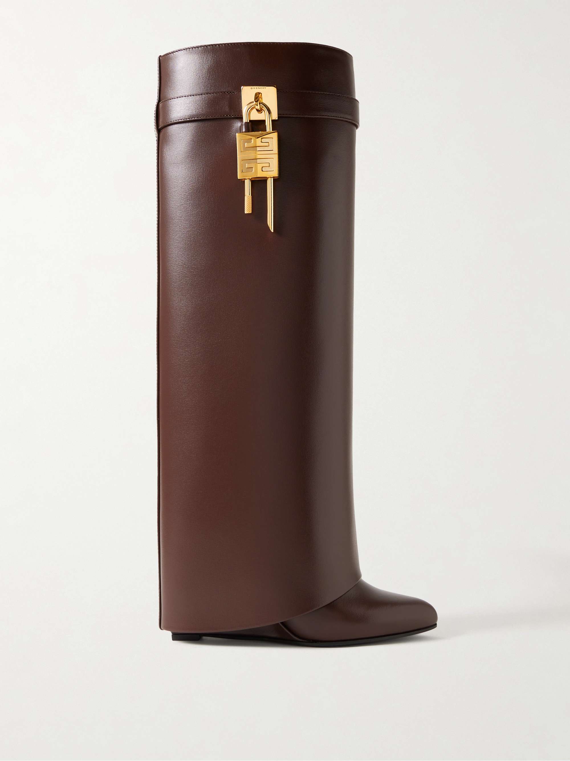 Shark Lock Embellished Glossed-Leather Knee Boots
