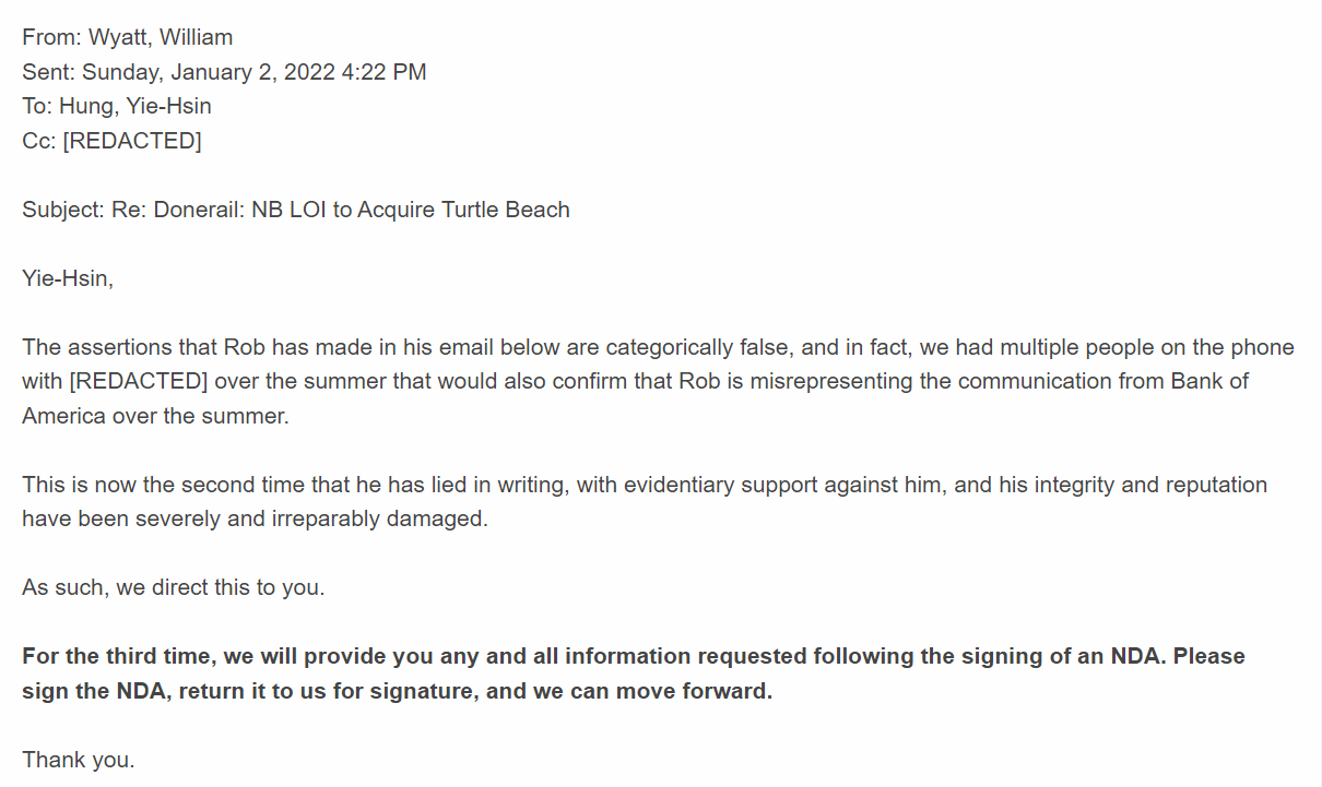 Un correo electrónico de Donerail a Turtle Beach sobre una posible venta.