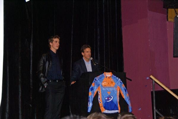 Cycling legend Davis Phinney takes the podium with his up-and-coming son, Taylor Phinney.