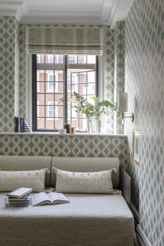 Window treatment idea with patterned blind matching wallpaper