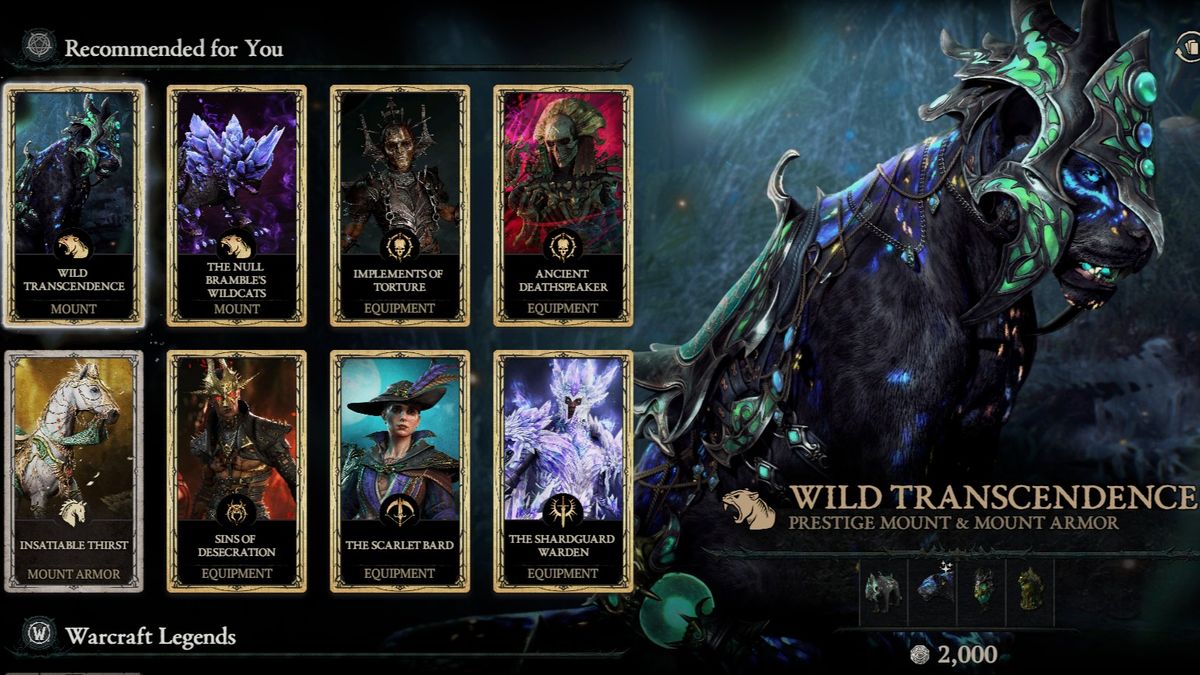 Diablo 4 shop screen displays eight collectible items, including mounts and equipment, with mystical, ornate designs.