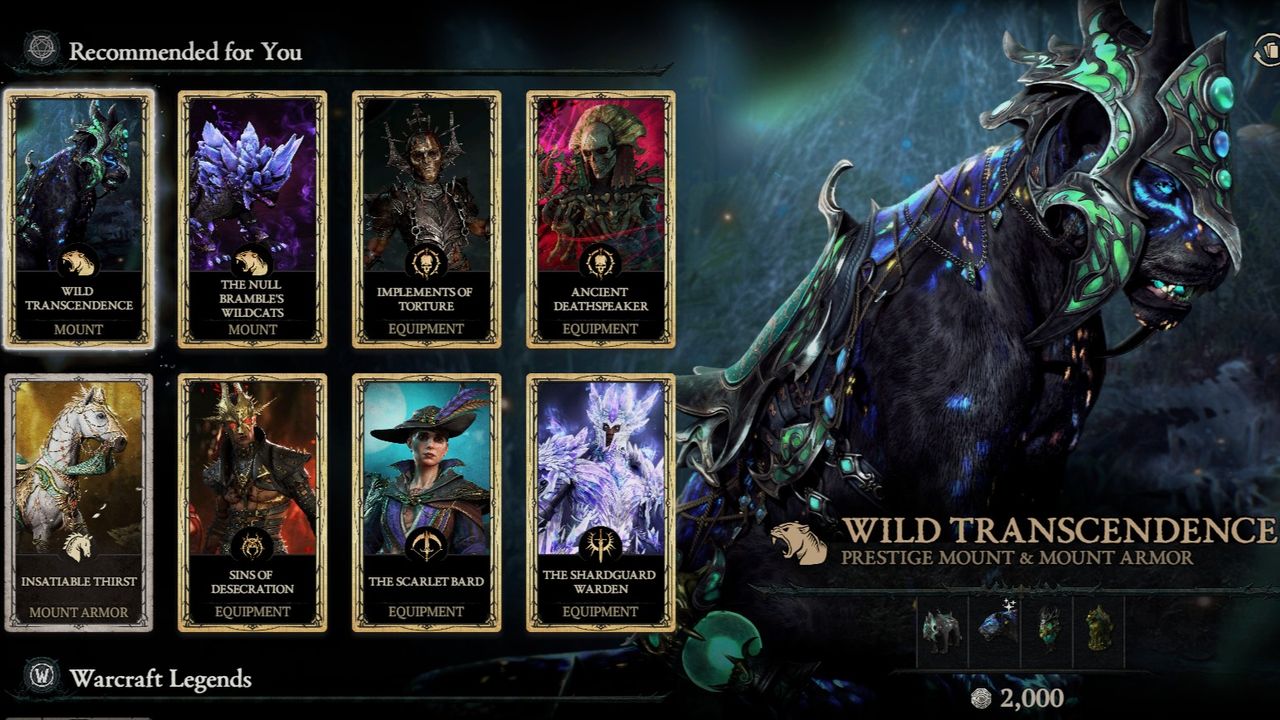 Diablo 4 shop screen displays eight collectible items, including mounts and equipment, with mystical, ornate designs.