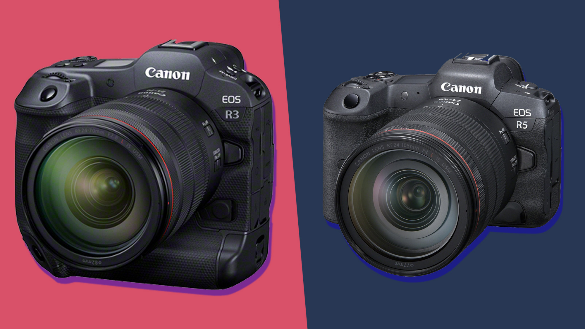 The Canon EOS R3 mirrorless camera next to the Canon EOS R5
