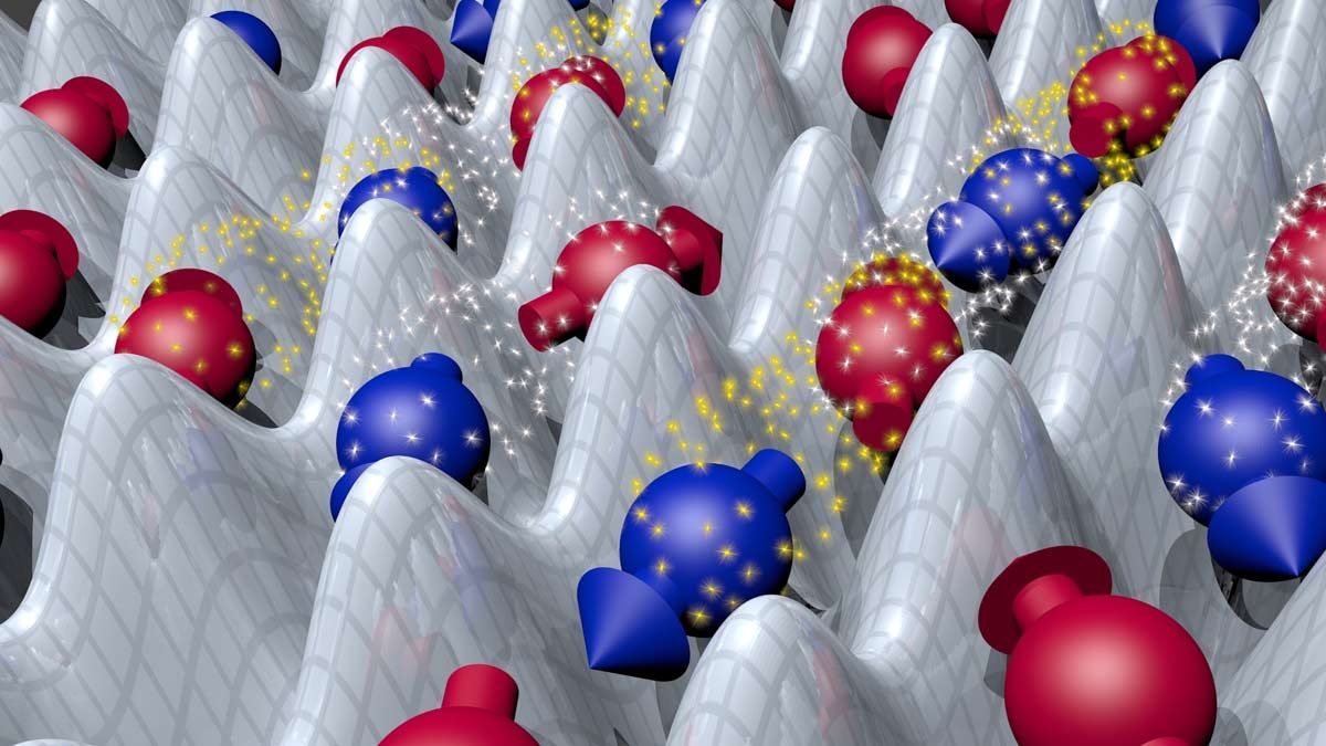 an illustration of an optical lattic with atoms lined up in a non-random way.