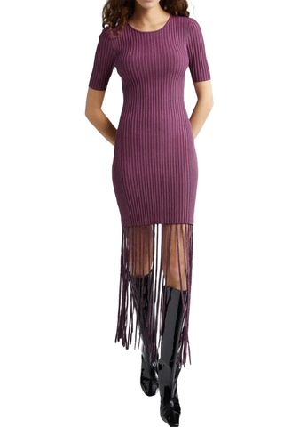 Melange Rib Fringe Detail Knit Dress