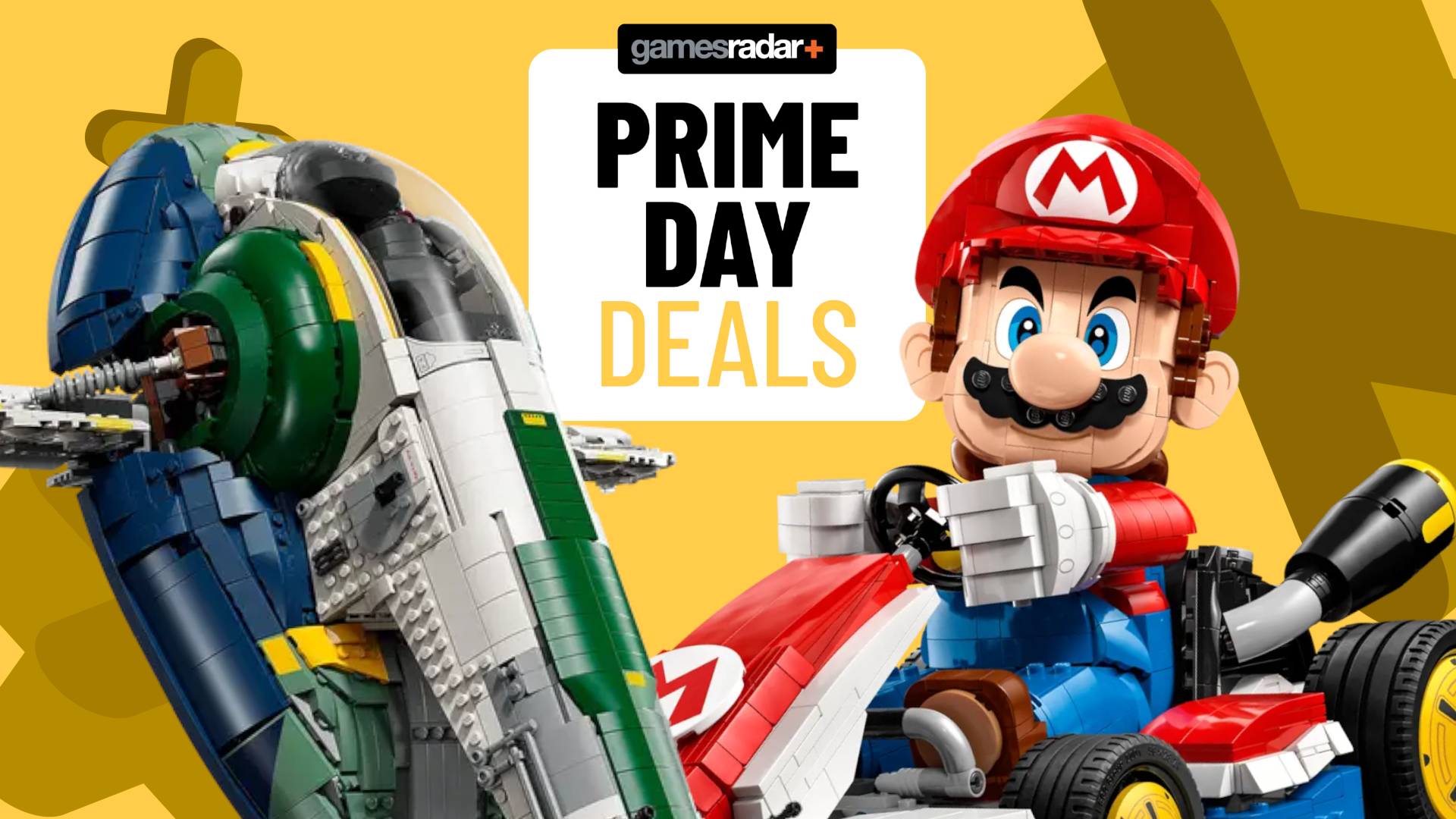 Jango Fett's Firespray and Mario Kart sets on either side of a GamesRadar+ Prime Day badge, all against a yellow background