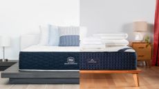 The Brooklyn Bedding Signature Hybrid mattress is seen on the left hand side of the image, while the DreamCloud Hybrid is seen on the right hand side of the image