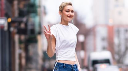 Gigi Hadid in a tee shirt and jeans in New York.
