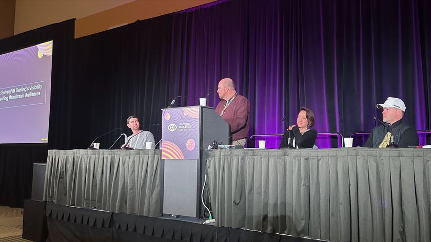 A panel of VR experts on stage at GDC 2025, discussing the &quot;VR gaming visibility crisis.&quot;