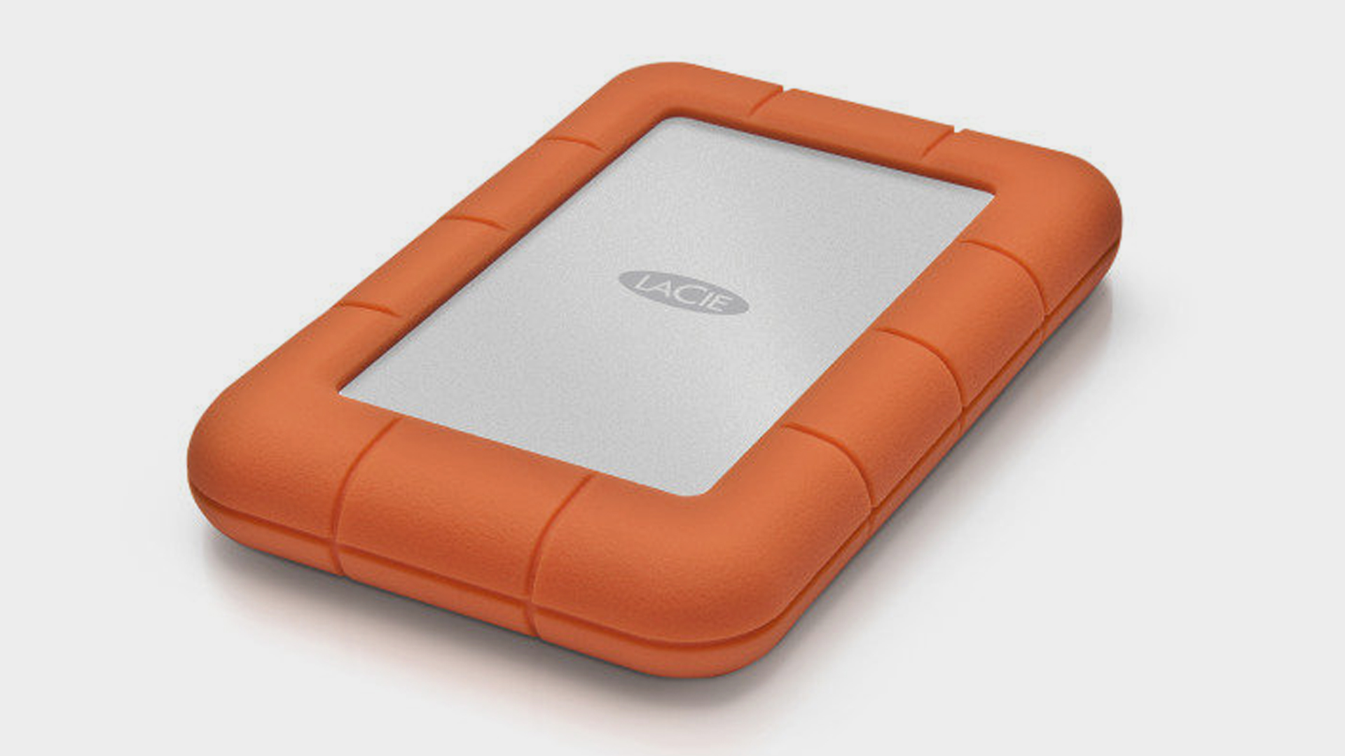 The LaCie Rugged HDD three quarter view.