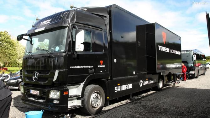 The slideout on the side of Trek Factory Racing's support truck creates enough room to work inside when the weather is ugly. Riders unfortunately don't enjoy the same luxury