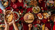 Birds-eye-view of Christmas table with lots of food