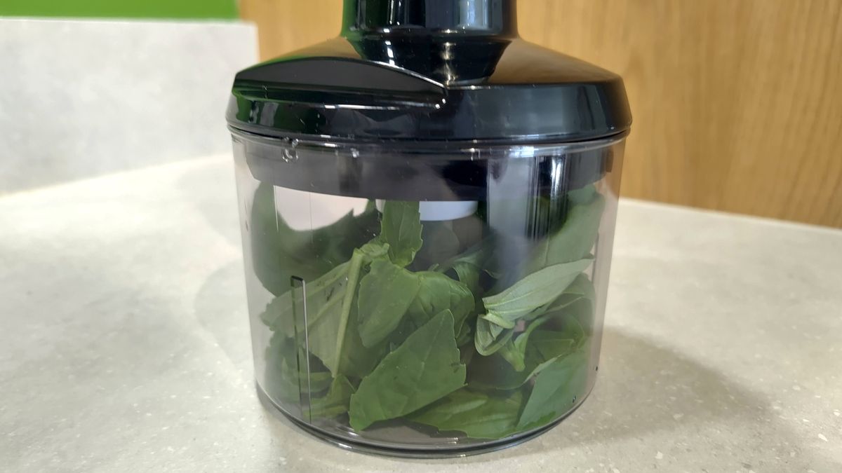 Fresh basil leaves in Bosch ErgoMaster 6 blender mini chopper attachment