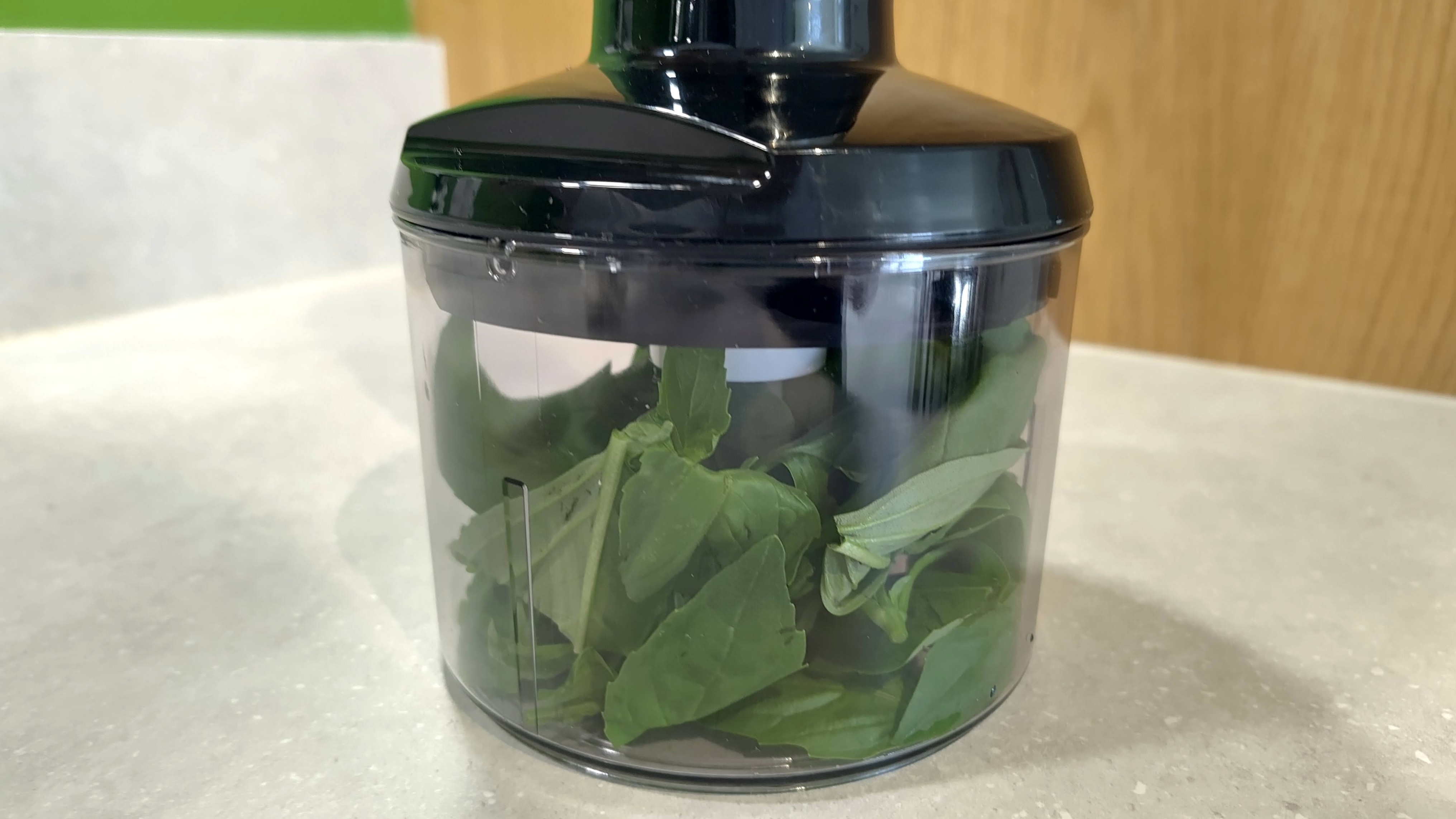 Basil leaves inside Bosch ErgoMaster Serie 3 blender mini chopper attachment