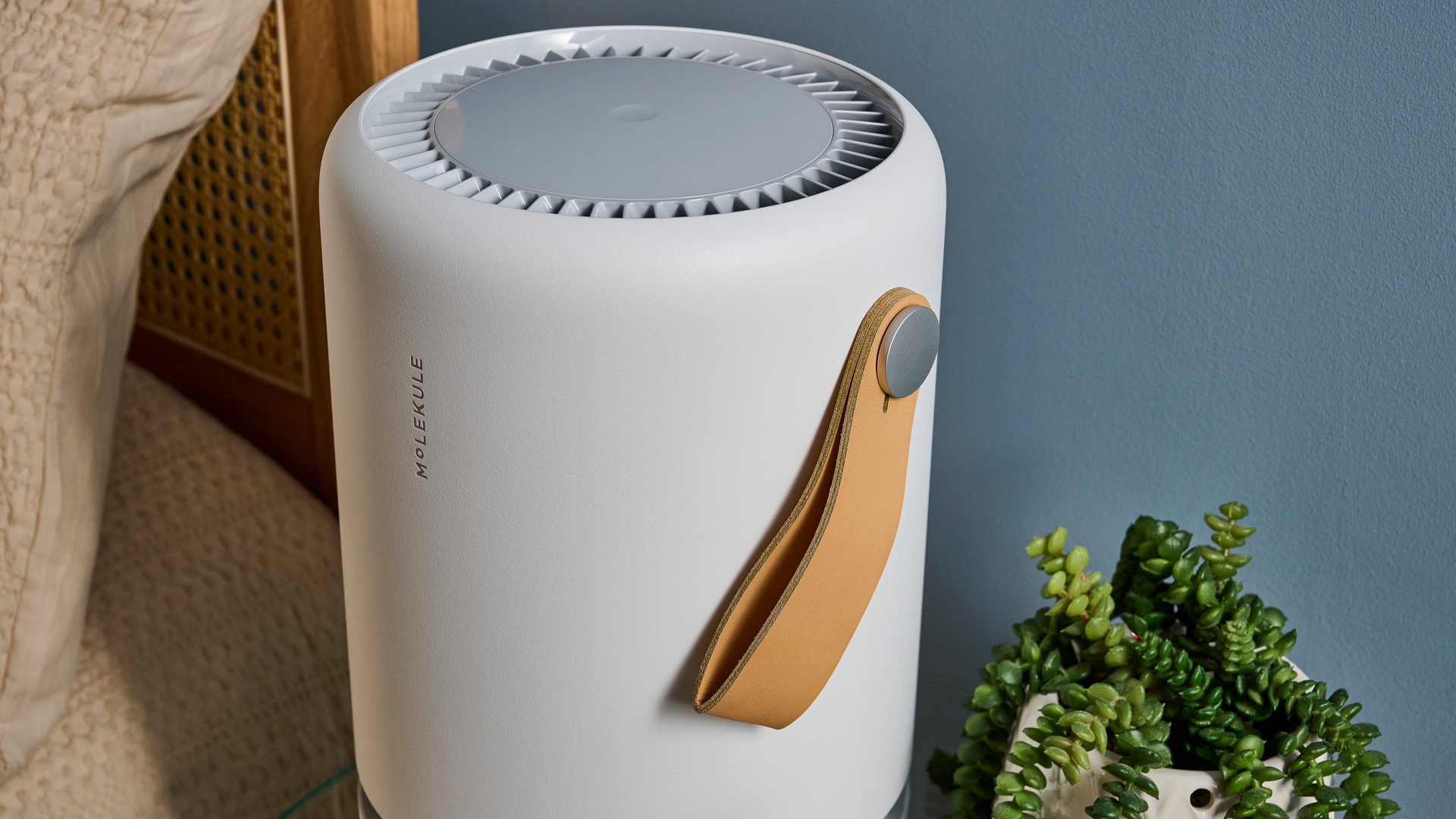 Picture shows the side of the Molekule Air Mini Plus air purifier, mainly focussing on the tan faux-leather handle held in place by a large metal pin at the top.