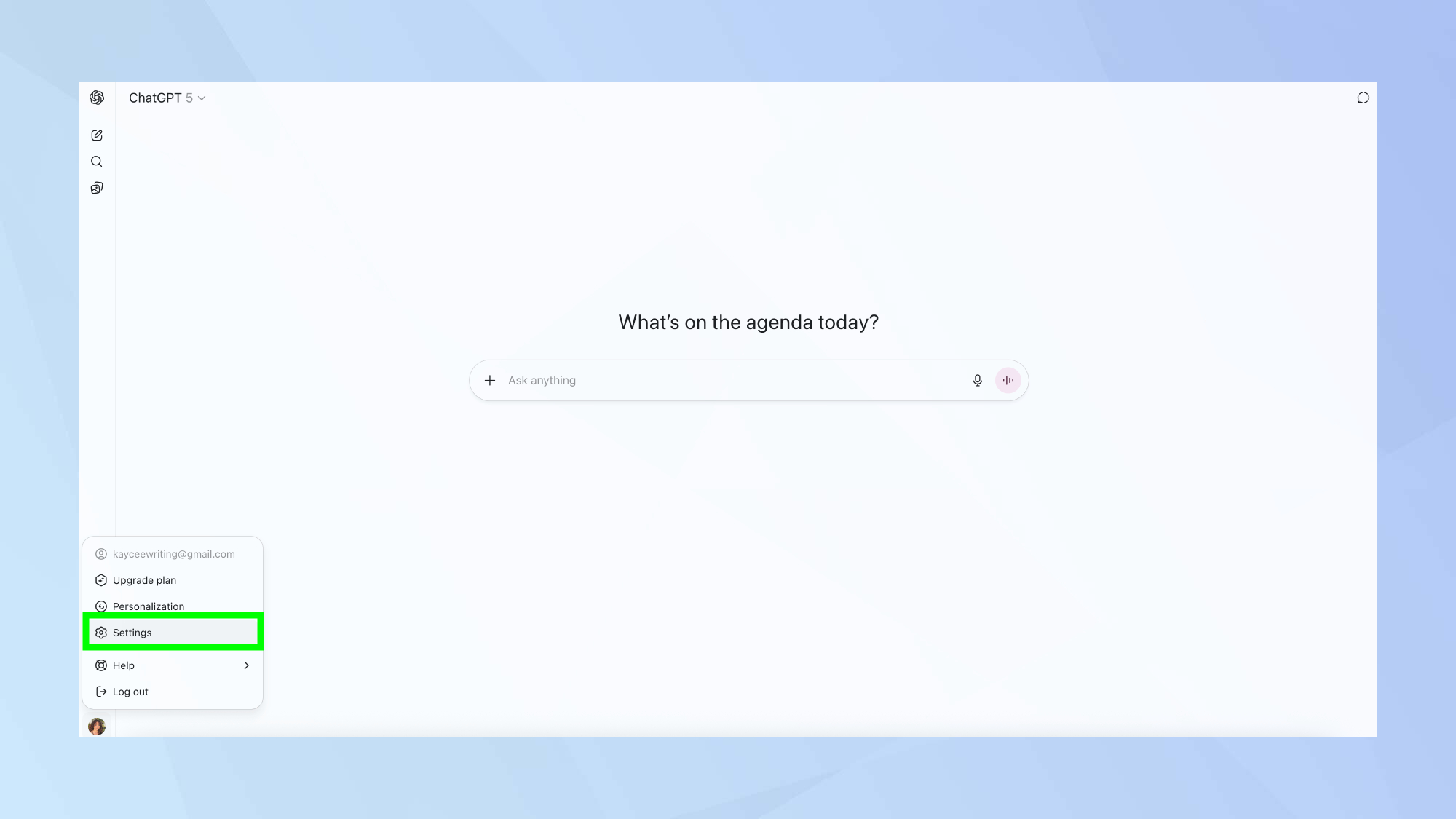 ChatGPT settings on browser