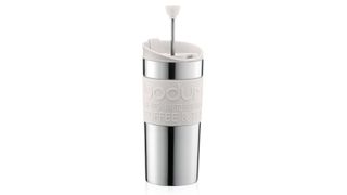 grey and silver Bodum Vacuum Travel Press, one of w&h's best coffee travel mugs