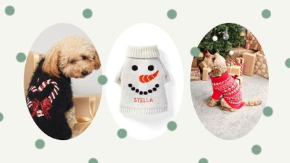 Two dogs in a Christmas sweater and one product image of a white snowman dog sweater in ovals on a collage background with green dots, for Christmas sweaters for dogs.
