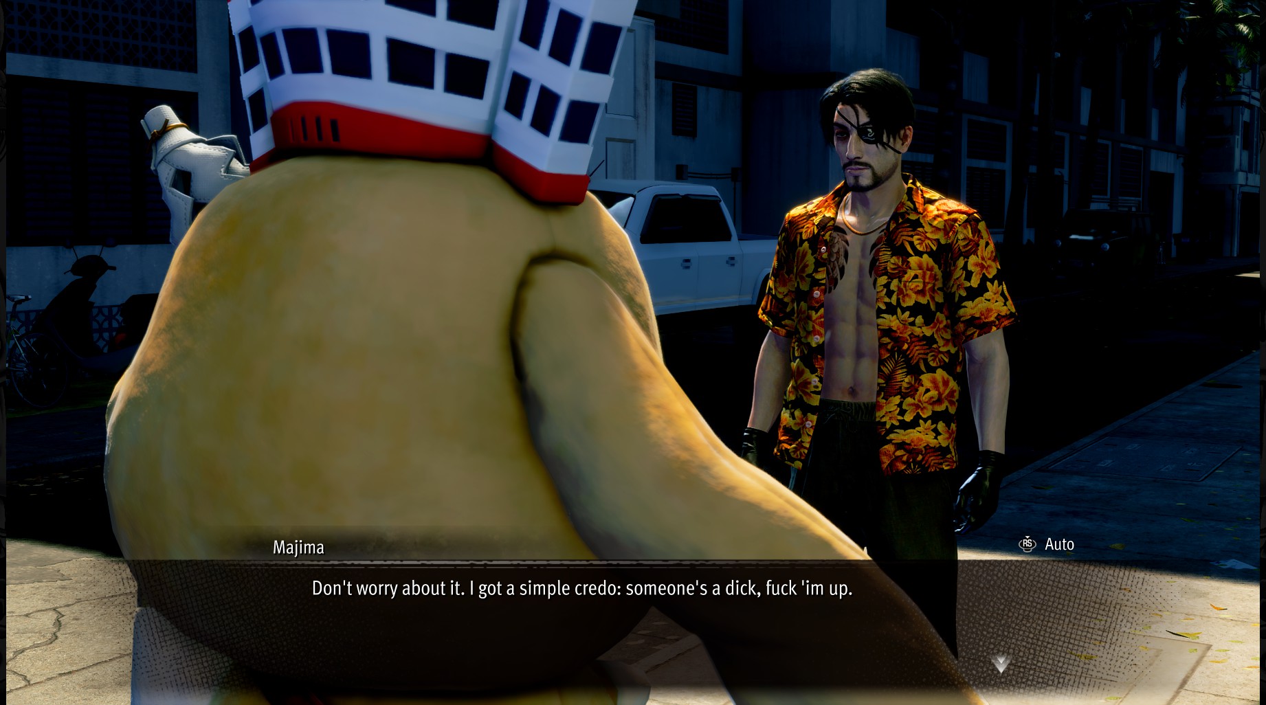 Majima de Pirate Yakuza en Hawai Chat con una mascota de viaje