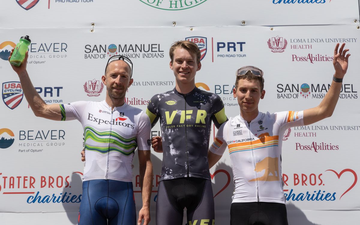 Davis Cole from Voler Factory Racing/Composite leads the overall GC overall (center), Kaler Marshall (L) Expeditors Elite Cycling leads the KOM classification, and Quinn Felton (Team California) is the Top Amateur rider after Stage 1.