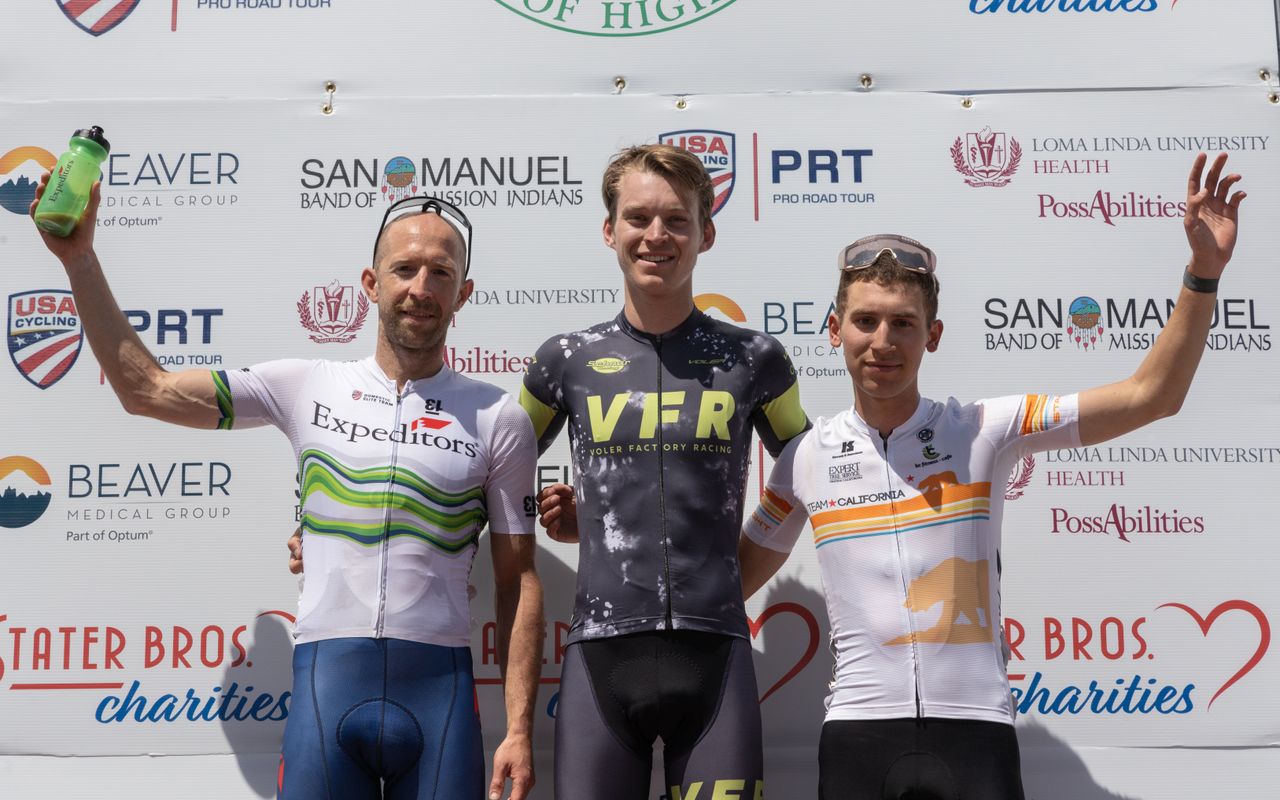 Davis Cole from Voler Factory Racing/Composite leads the overall GC overall (center), Kaler Marshall (L) Expeditors Elite Cycling leads the KOM classification, and Quinn Felton (Team California) is the Top Amateur rider after Stage 1.