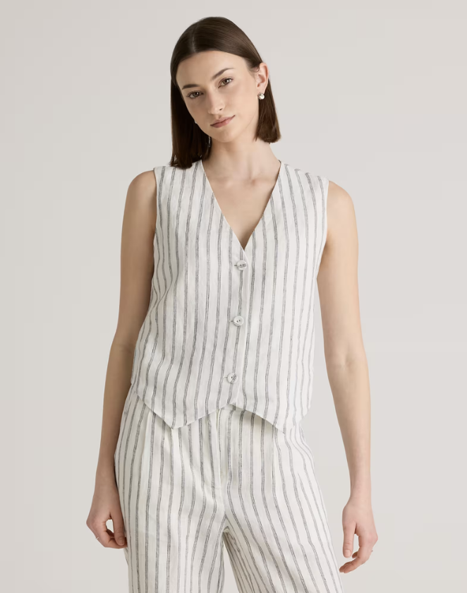100% European Linen Vest in Oatmeal / Black Stripe