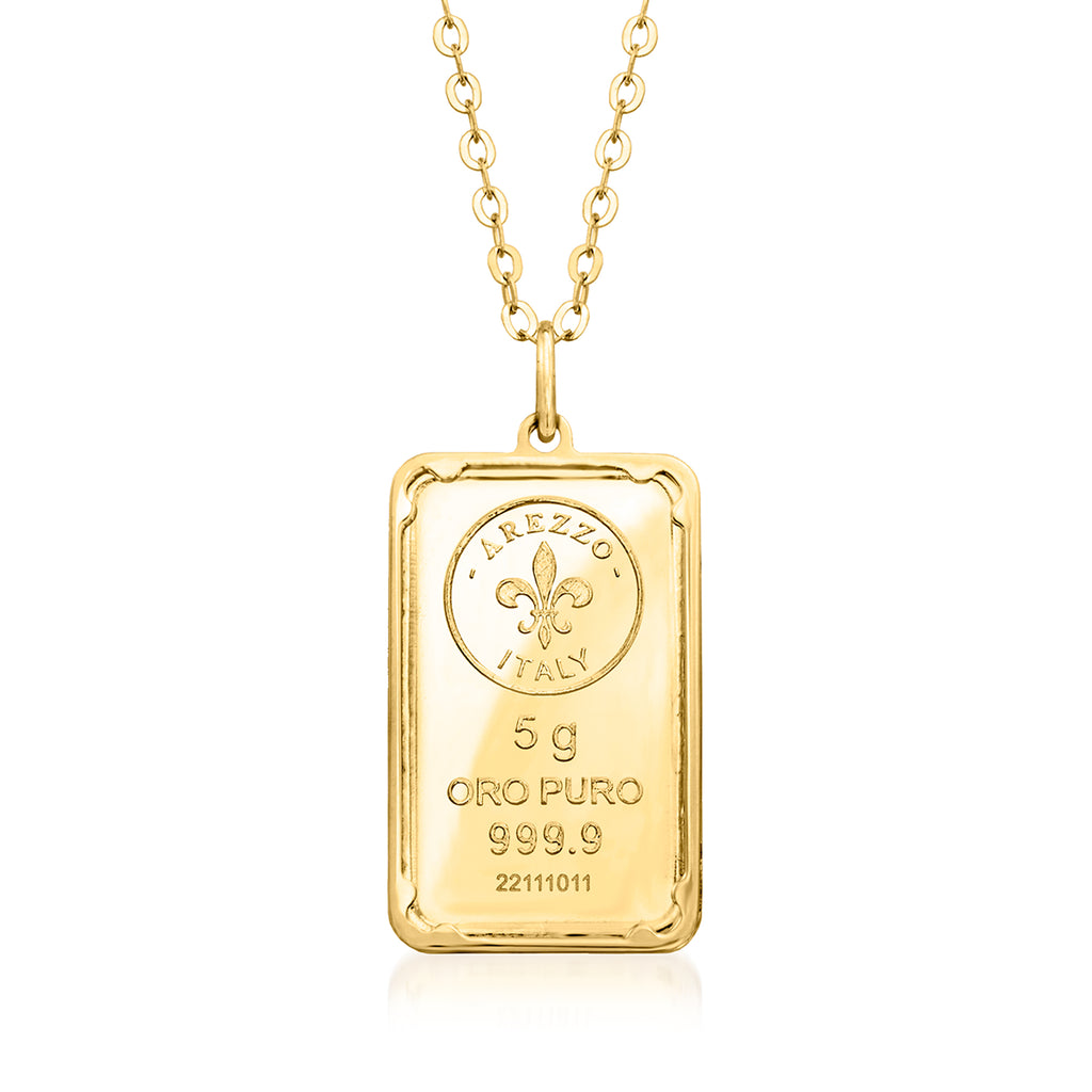 Italian 24kt Yellow Gold Fleur-De-Lis Five-Gram Ingot Pendant Necklace With 14kt Gold Frame