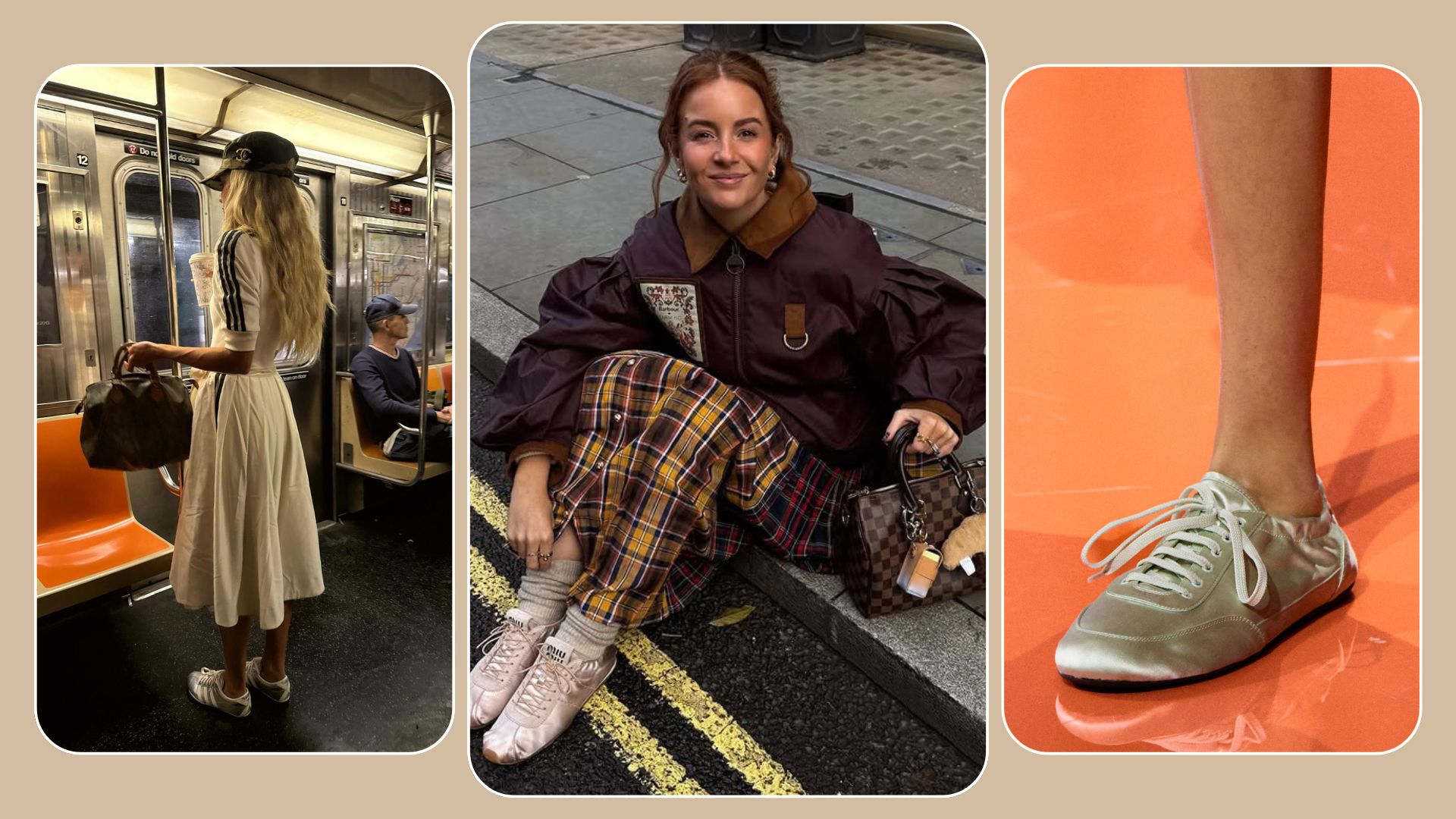 A collage of the best satin trainers, including on the Prada spring/summer 2026 runway, Miu Miu trainers on @rebeccaferrazwyatt and Adidas satin trainers on @emilisindlev.