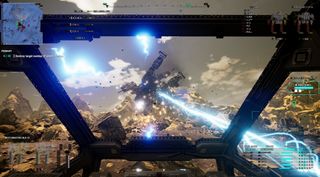 MechWarrior 5: Mercenaries - The view of a desert fight from inside a 'Mech cockpit. The player's laser shoots blue energy at another 'Mech.