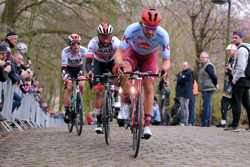 Marco Haller (Katusha-Alpecin) attacks on the Kemmelberg