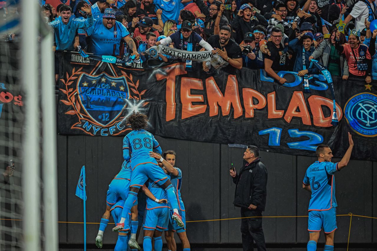 New York City's Hannes Wolf is mobbed by his team-mates after scoring an early goal in the Hudson River Derby at Citi Field Stadium Queens