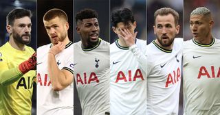 Tottenham Hotspur squad members: from left to right, Hugo Lloris, Eric Dier, Emerson Royal, Son Heung-min, Harry Kane, Richarlison