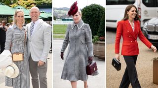 Composite of three pictures of Zara Tindall at Wimbledon with a raffia Aspinal bag, Zara at Cheltenham with a burgundy Aspinal bag and Kate Middleton holding a black Aspinal bag in Denmark