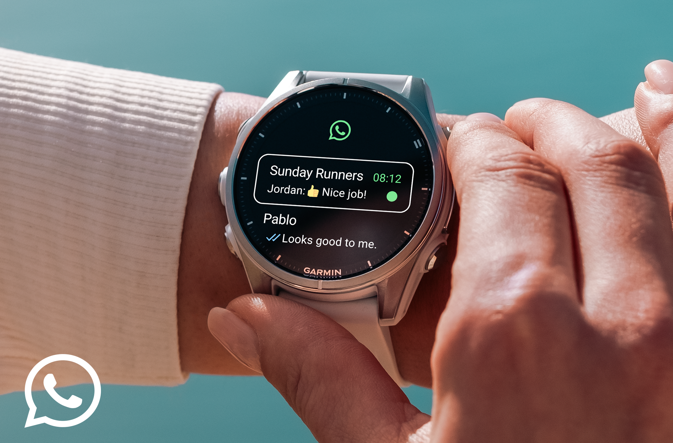 Garmin Fenix watch displaying a Whatsapp integration