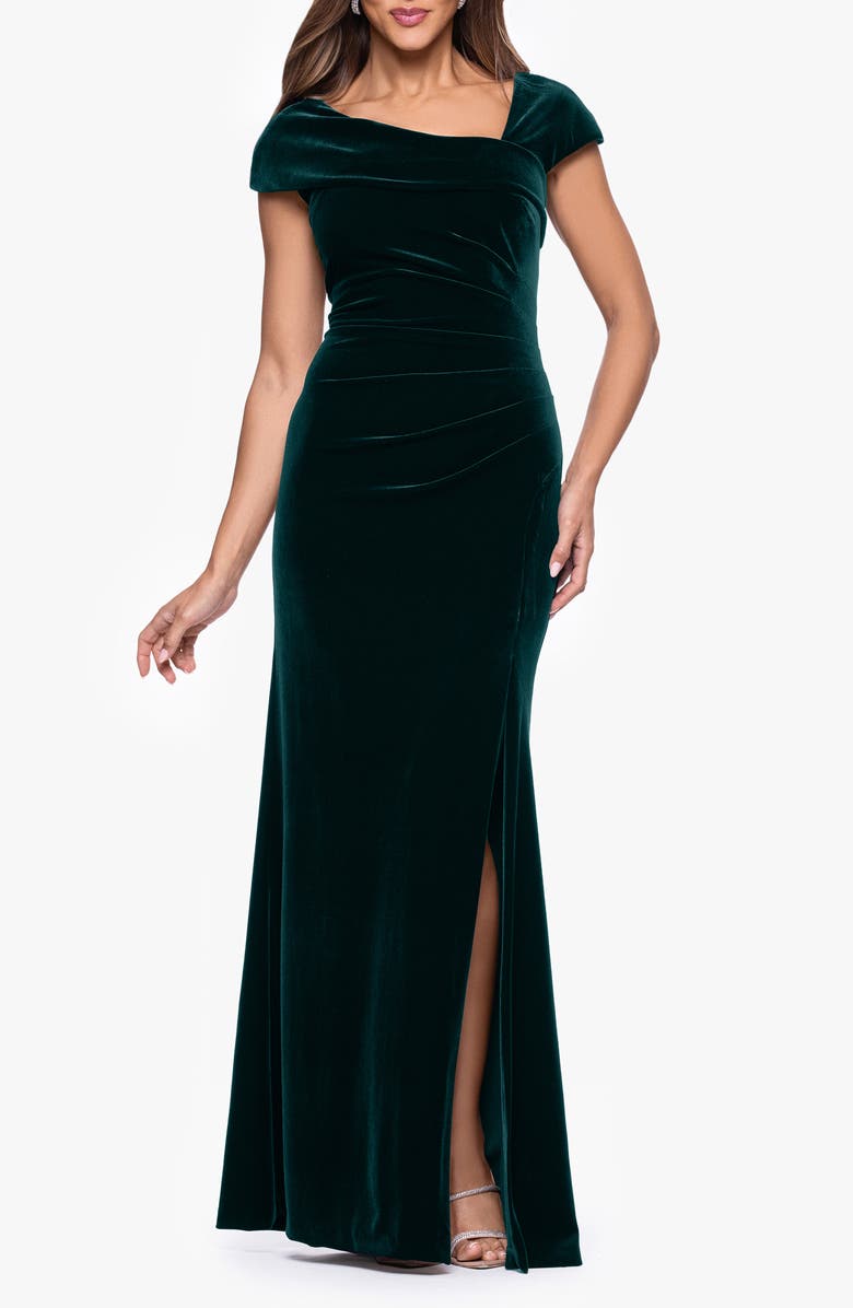 Asymmetric Neck Cap Sleeve Stretch Velvet Gown