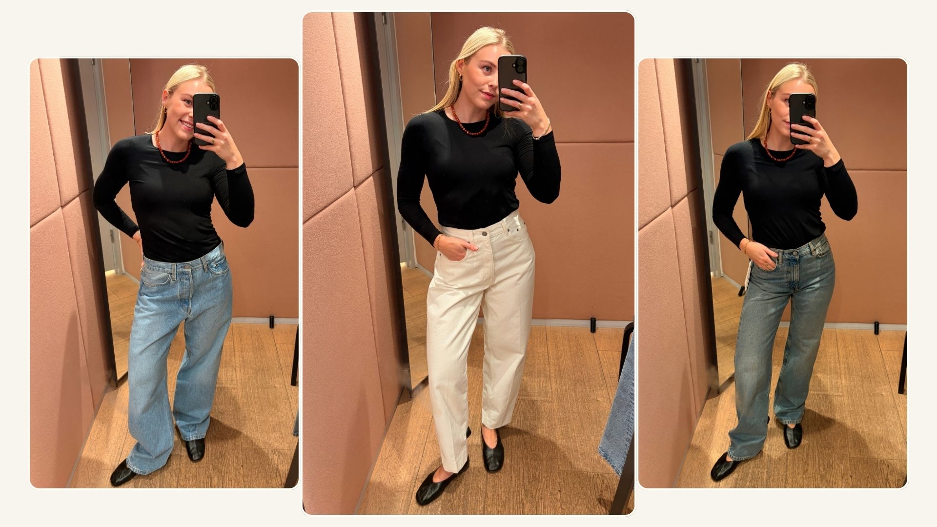 Shopping editor, Florrie, wears a black top, ballet flats and three pairs of COS jeans