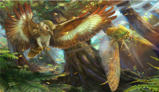 An illustration of a bird flying after a giant cicada 