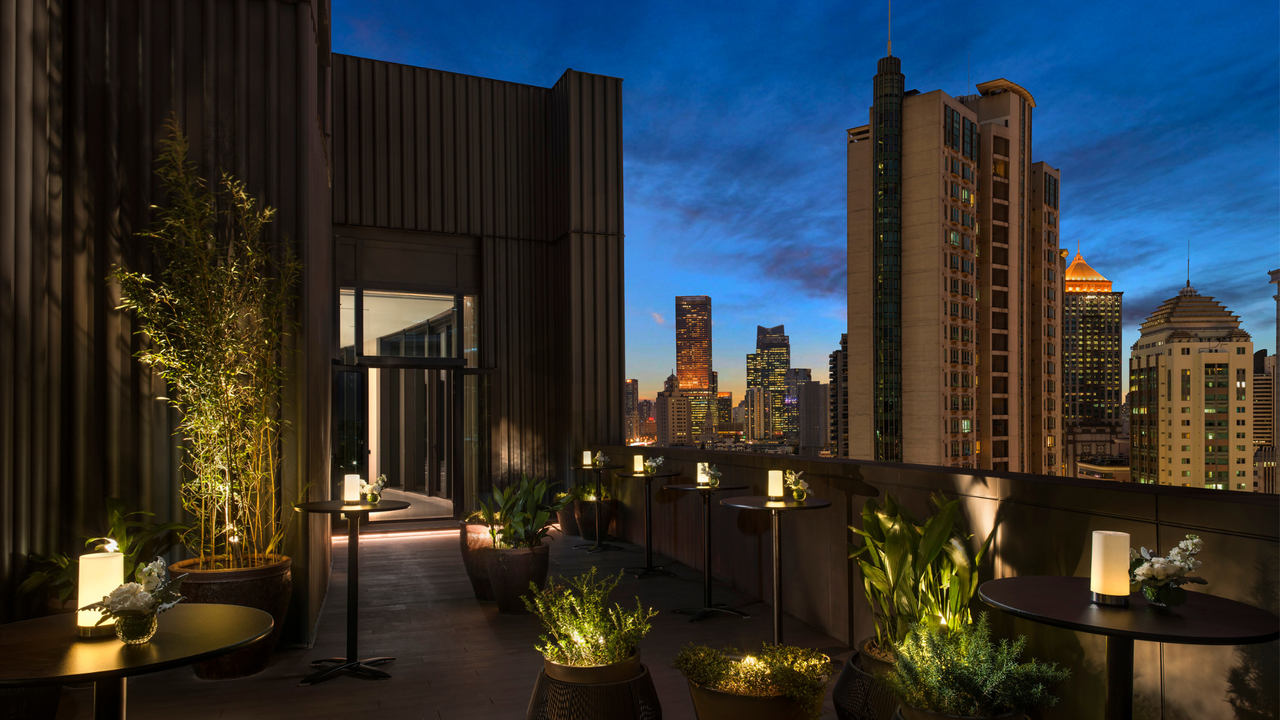 Balcony with city views at The Middle House, Shanghai.