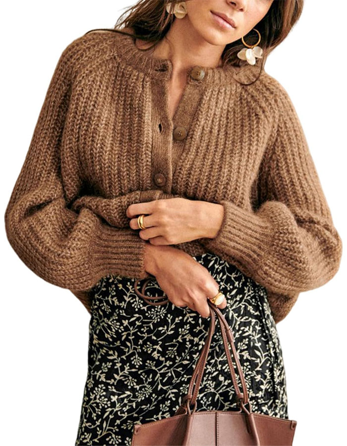 Bianstore Women&#039;s Casual Long Sleeve Crewneck Button Down Cardigan Sweater Knit Outwear(brown-S)