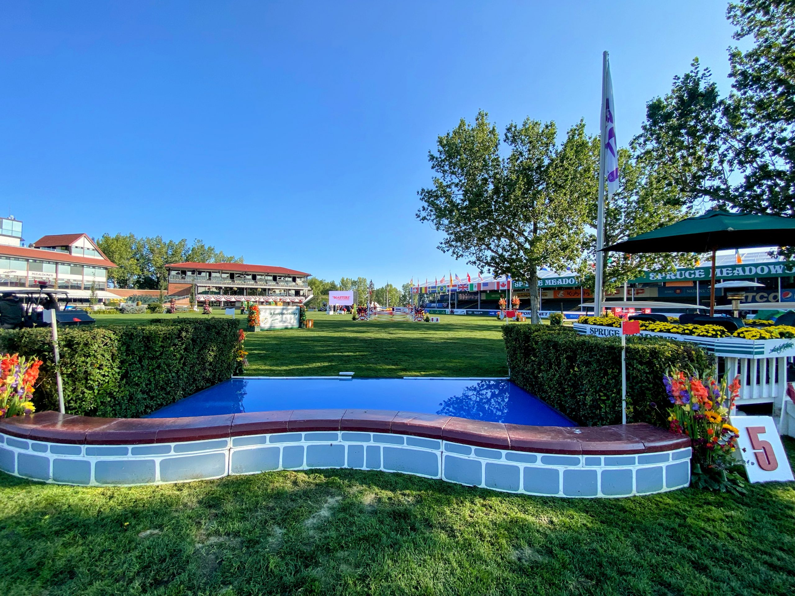 Showjumping fences: the water jump in the CP International grand prix at Spruce Meadows, Canada