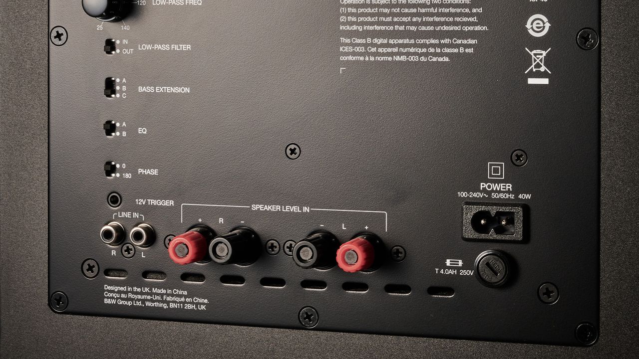 A close-up showing the connections on the back of the subwoofer from the Bowers &amp; Wilkins 606 &amp; 607 S3 speaker package.
