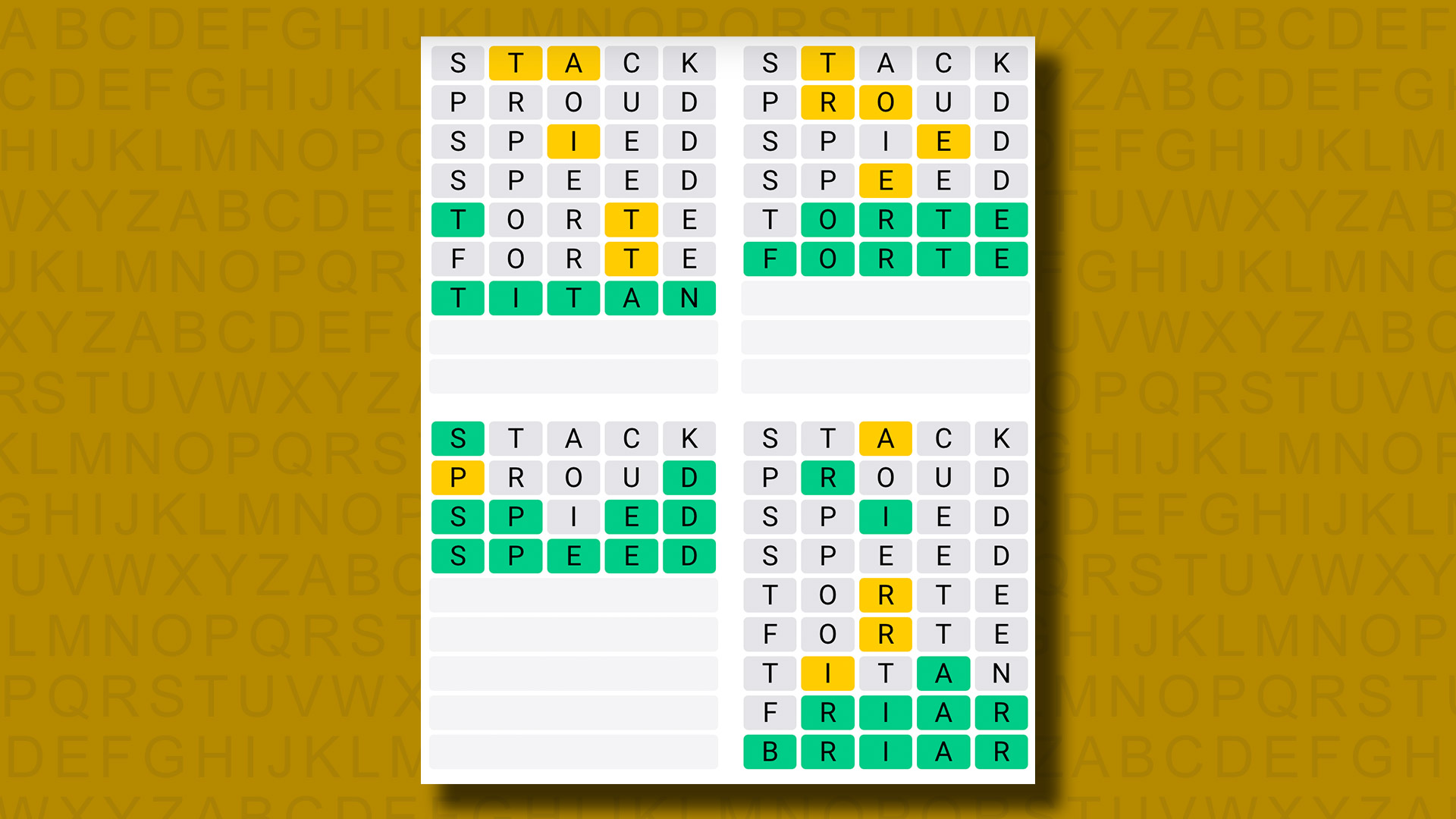 Quordle answers for game 1050 on a yellow background