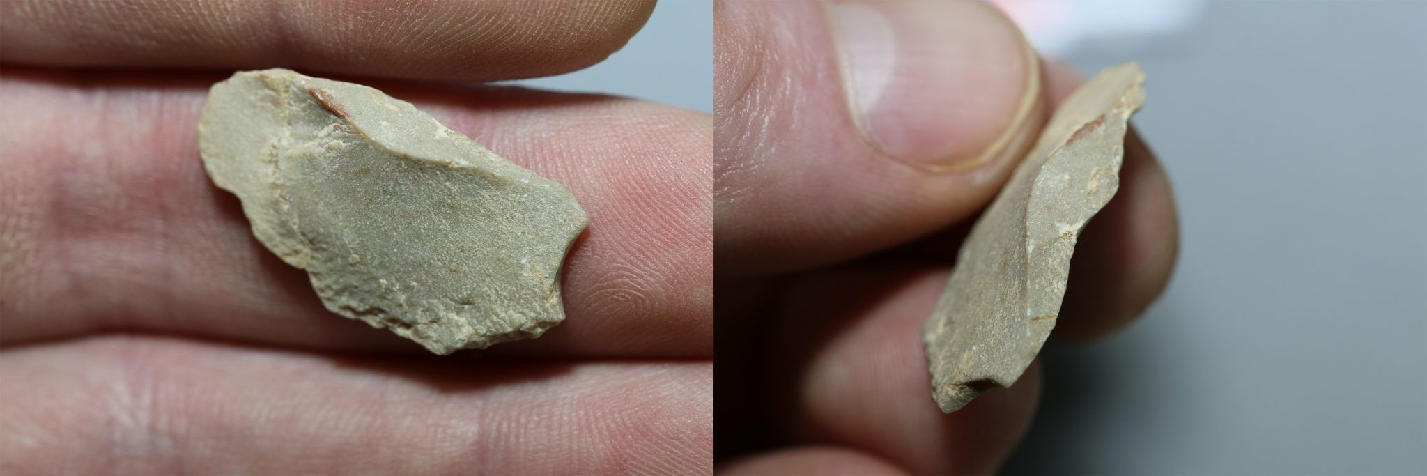 Two views of a stone tool crafted from greenish crystallized limestone that dates to after the LGM.