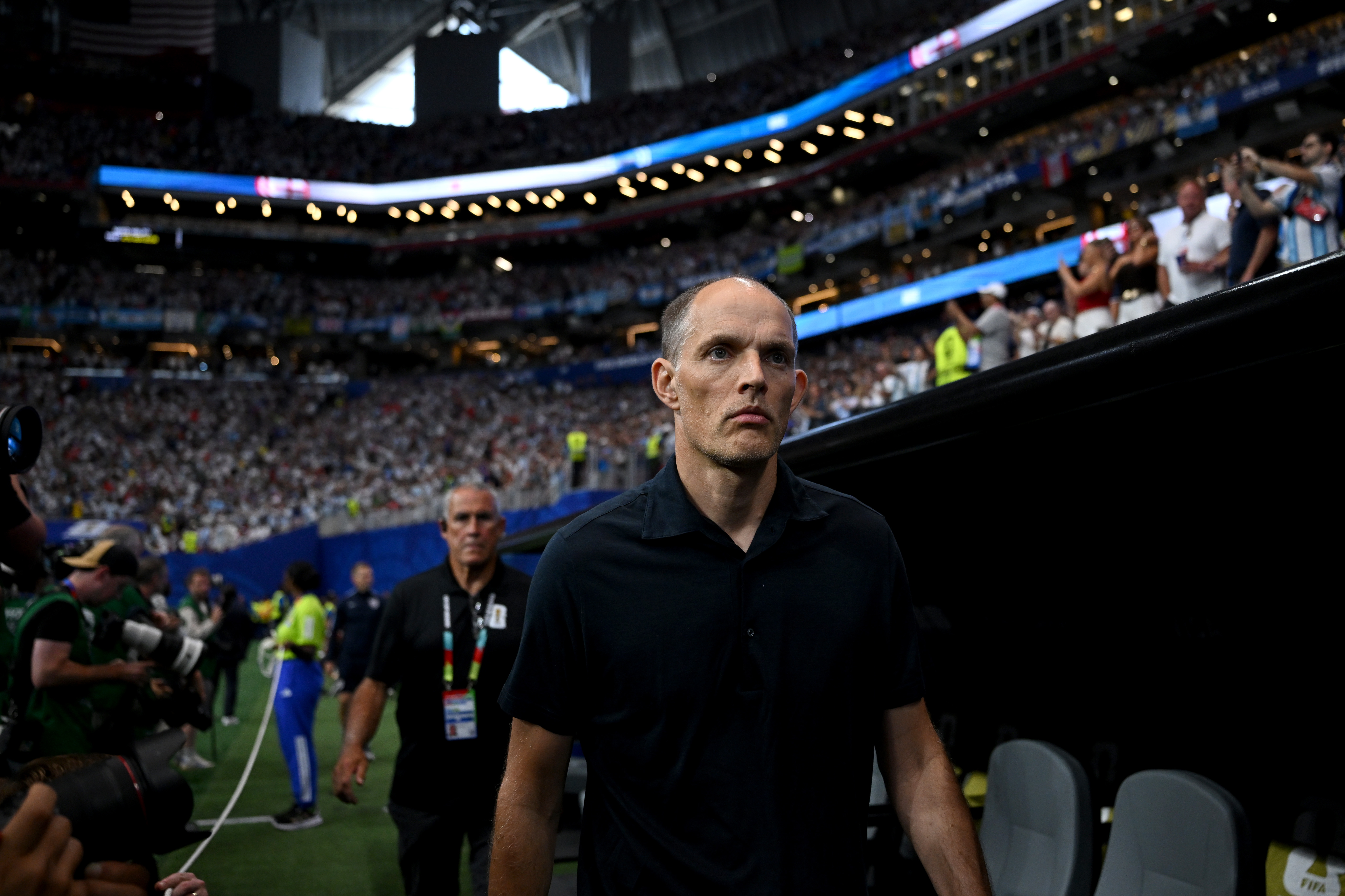 ATLANTA, GEORGIA - JULY 15: Thomas Tuchel, Manager of England, looks on before the FIFA World Cup 2026 Semi Final match between England and Argentina at Atlanta Stadium on July 15, 2026 in Atlanta, Georgia. (Photo by Shaun Botterill/Getty Images)