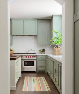 arched doorway to kitchen with green cabinets and striped rug
